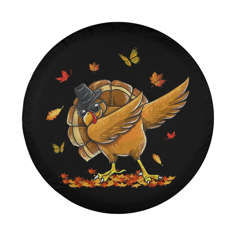 Cartoon turkey in sunglasses with autumn leaves and butterflies Thanksgiving tire cover art