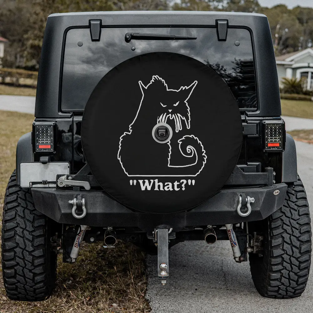 funny white outline cartoon cat what spare tire cover with camera hole