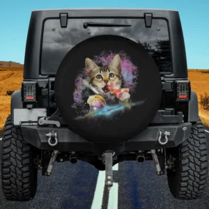Galaxy cat eating taco and pizza in space spare tire cover for Jeep SUV RV