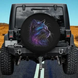 Galaxy fur cosmic whiskers cat spare tire cover with vibrant space colors for Jeep, SUV, RV
