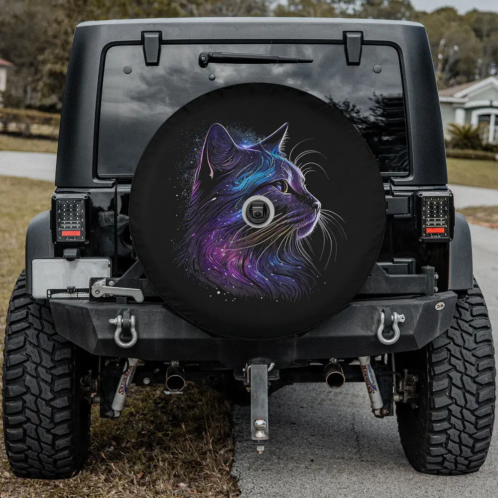 Galaxy fur cosmic whiskers cat spare tire cover with backup camera hole for Jeep, SUV, RV