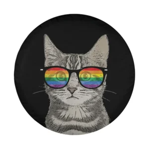 Funny cat kitten with rainbow sunglasses LGBT pride tire cover design
