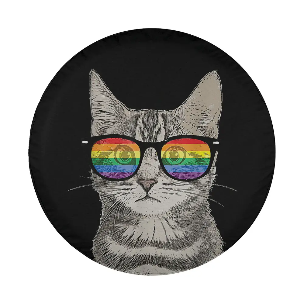 Funny cat kitten with rainbow sunglasses LGBT pride tire cover design