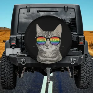 Gay pride rainbow sunglasses cat kitten spare tire cover with no camera hole for Jeep or SUV