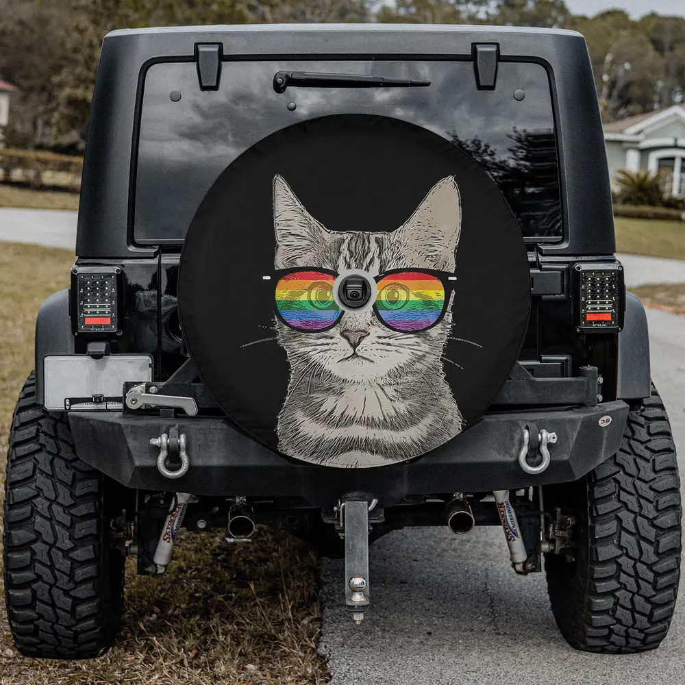 Gay pride rainbow sunglasses cat kitten spare tire cover with backup camera hole for Jeep Wrangler