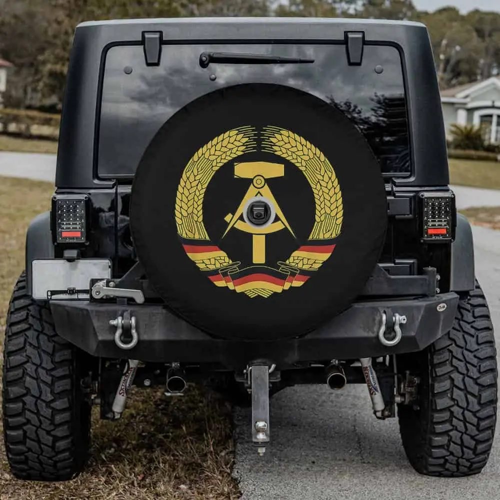 Gold wheat wreath and hammer GDR coat of arms spare tire cover with backup camera hole