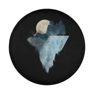 Geometric moon, mountain, and forest art for custom spare tire cover