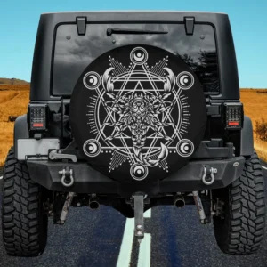 Geometric scorpion with sacred geometry and Scorpio zodiac sign on spare tire cover, no camera hole