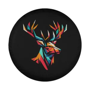 Modern polygon deer head with geometric stag antlers in vibrant colors on spare tire cover