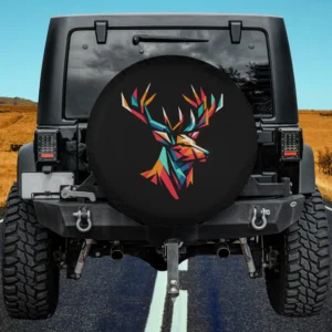 Geometric stag antlers vibrant colorful polygon deer spare tire cover with no camera hole for camper, SUV, RV