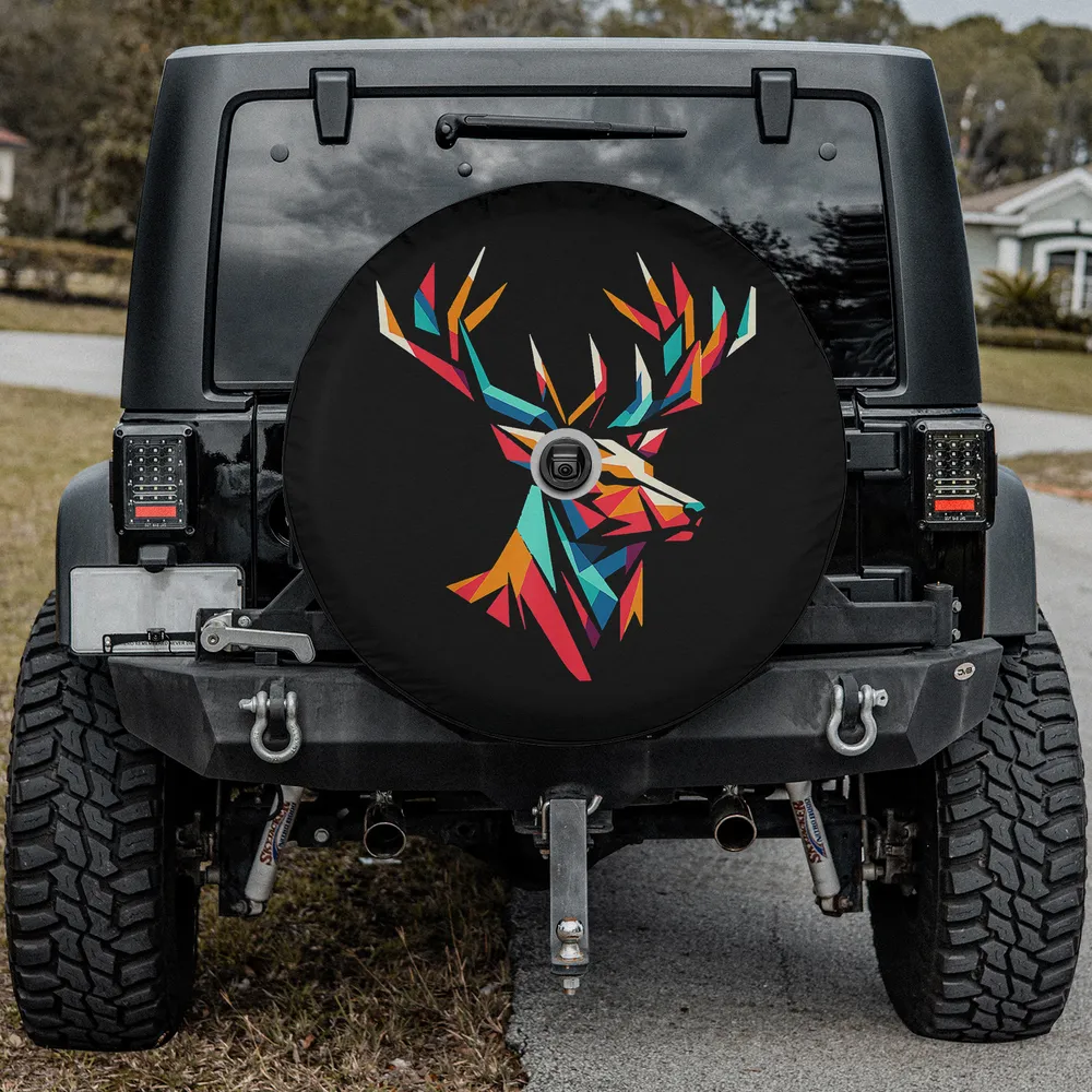 Geometric stag antlers vibrant colorful polygon deer spare tire cover with backup camera hole for Jeep, RV, SUV