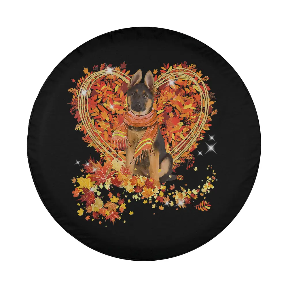 German Shepherd with autumn leaves heart and scarf, Thanksgiving fall spare tire cover art