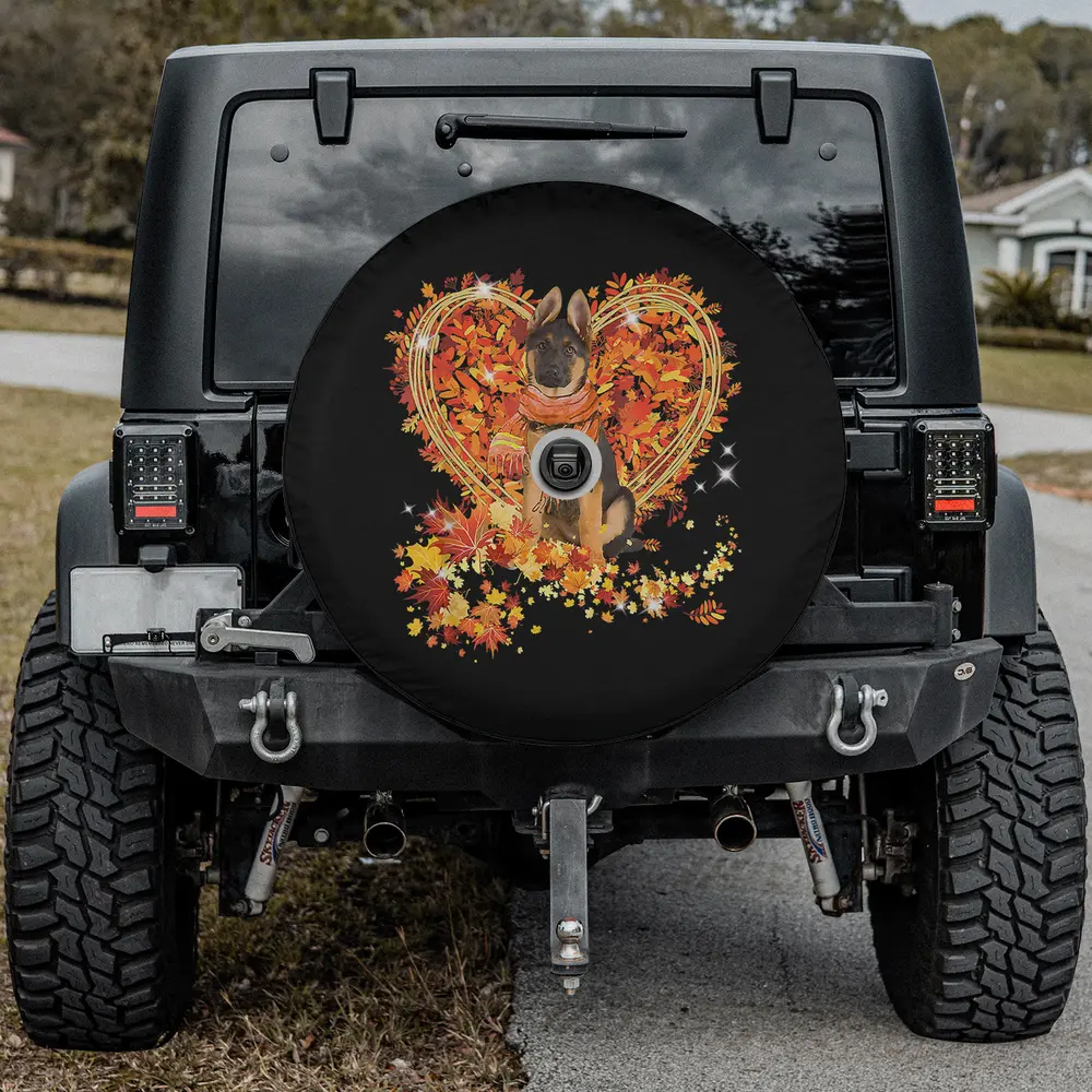 German Shepherd autumn leaves heart Thanksgiving spare tire cover with backup camera hole for Jeep