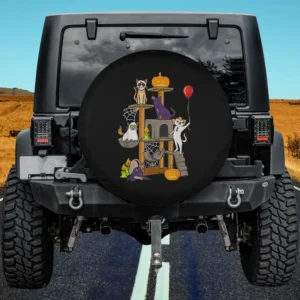 ghost cat red balloon halloween cat spare tire cover with pumpkins and spider webs for Jeep