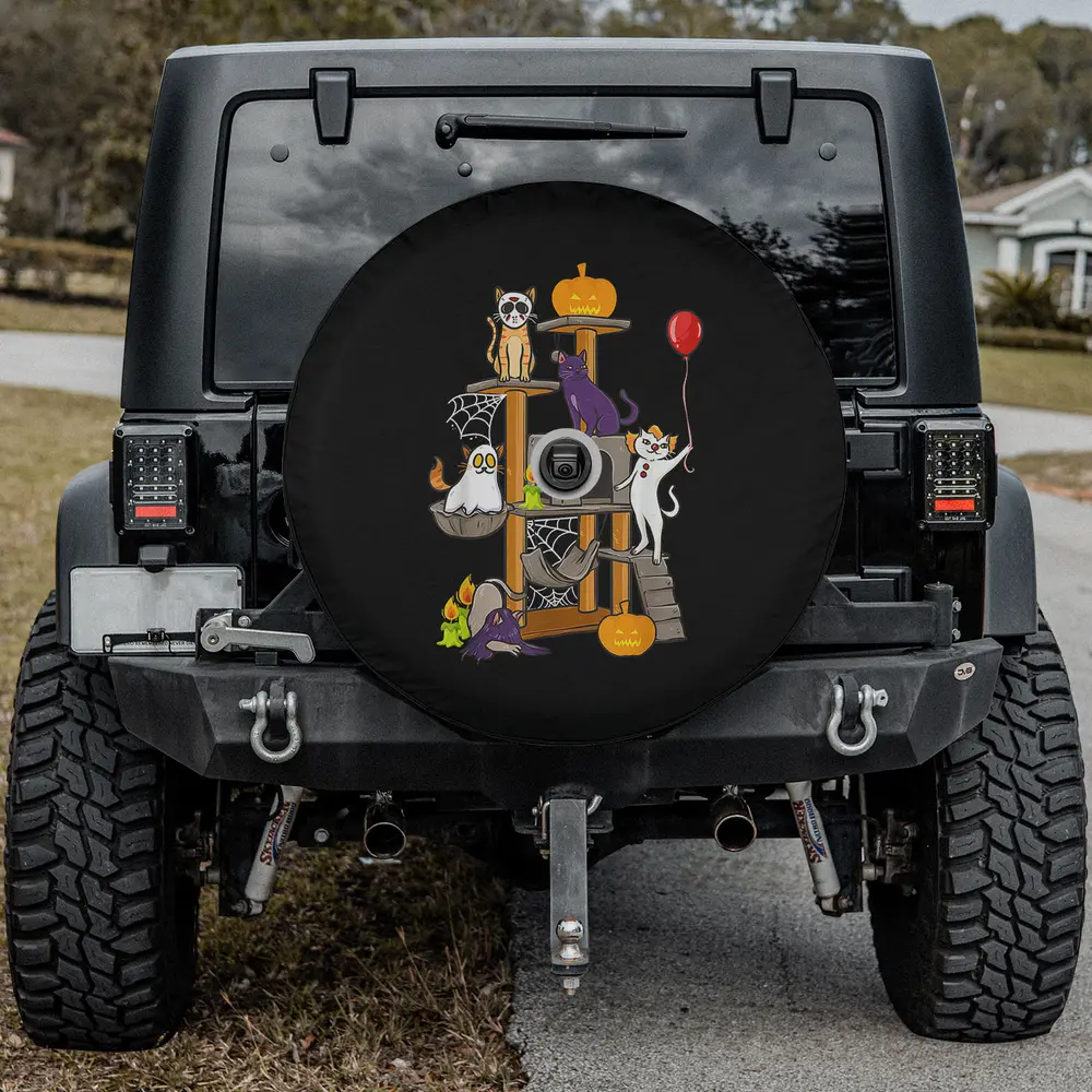 ghost cat red balloon halloween cat spare tire cover with backup camera hole for SUV or RV