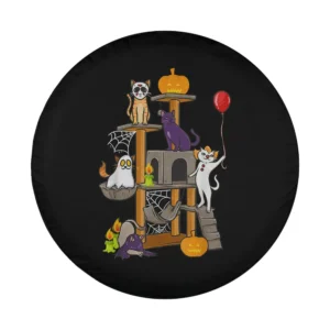 cartoon ghost cat, red balloon, pumpkins, and spider webs halloween tire cover art