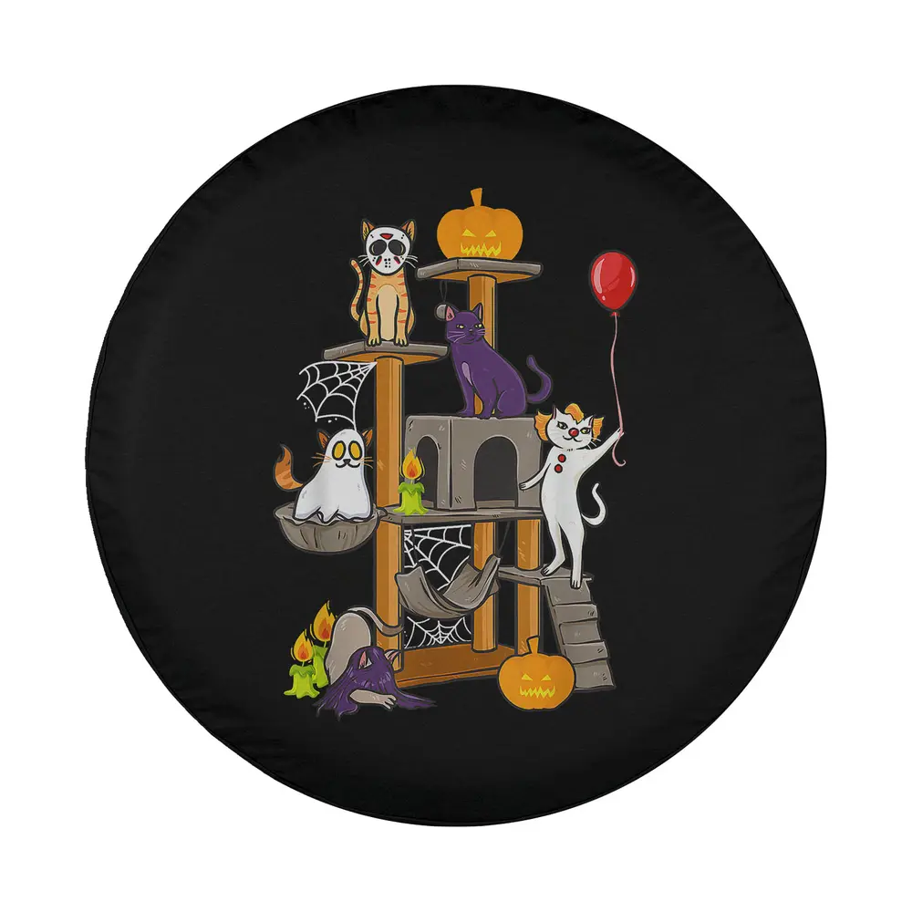 cartoon ghost cat, red balloon, pumpkins, and spider webs halloween tire cover art