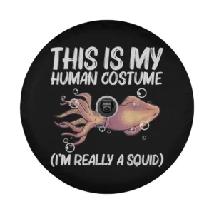 cartoon giant squid with funny human costume text on octopus spare tire cover design