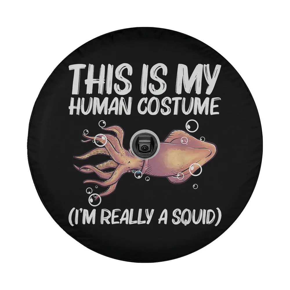 cartoon giant squid with funny human costume text on octopus spare tire cover design