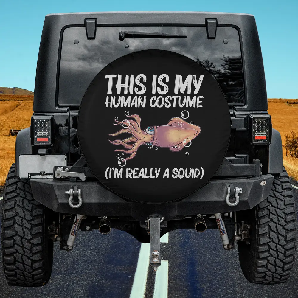 giant squid funny costume text octopus spare tire cover with cartoon squid and playful saying, no camera hole