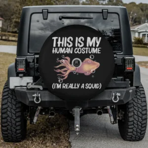 giant squid funny costume text octopus spare tire cover with backup camera hole, cartoon squid, funny text