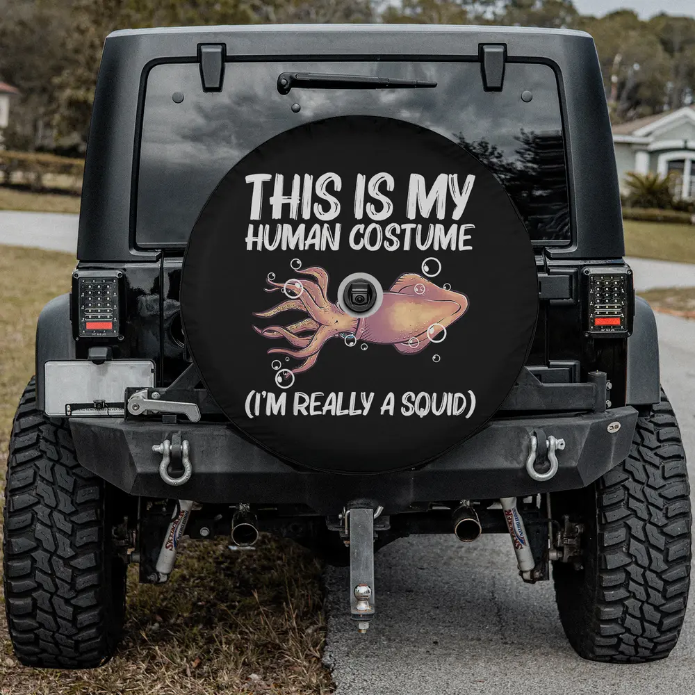 giant squid funny costume text octopus spare tire cover with backup camera hole, cartoon squid, funny text
