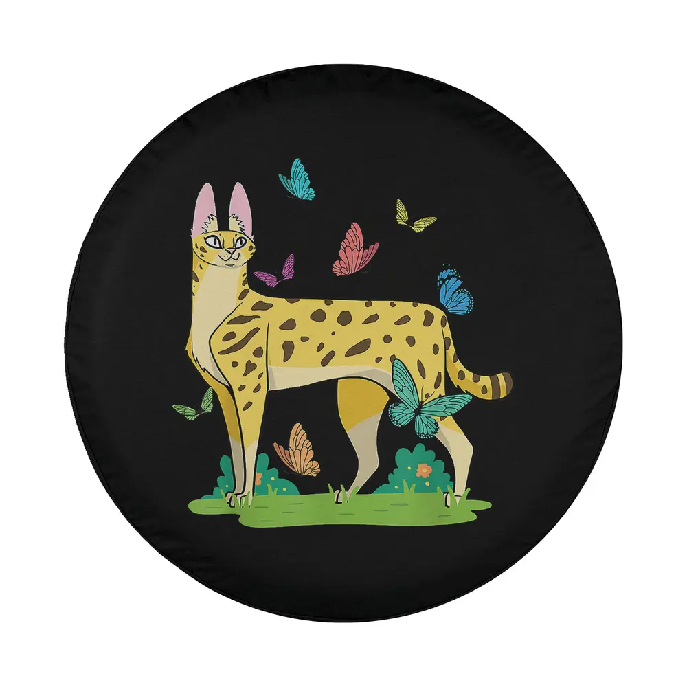 Whimsical ginger serval and butterflies African wild cat design
