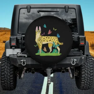 Ginger serval cat with colorful butterflies African wild cat spare tire cover no camera hole