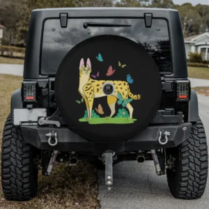Ginger serval cat with butterflies African wild cat spare tire cover with camera hole option