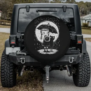 Spare tire cover with girl, umbrella, strange cat, moon, rain, backup camera hole