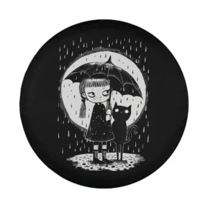 Whimsical girl and cat under umbrella in rain with moon illustration