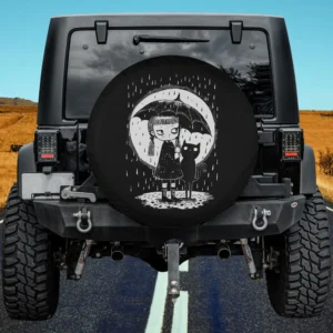 Girl standing with umbrella and strange cat in rain on moonlit night spare tire cover