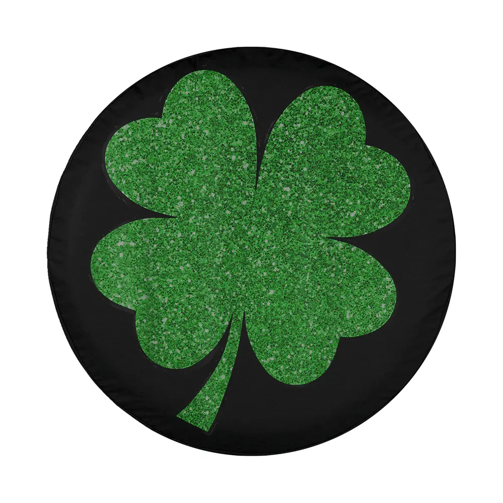 Glitter green shamrock black background St. Patrick's Day tire cover design