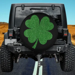 Glitter green shamrock on black background spare tire cover no camera hole