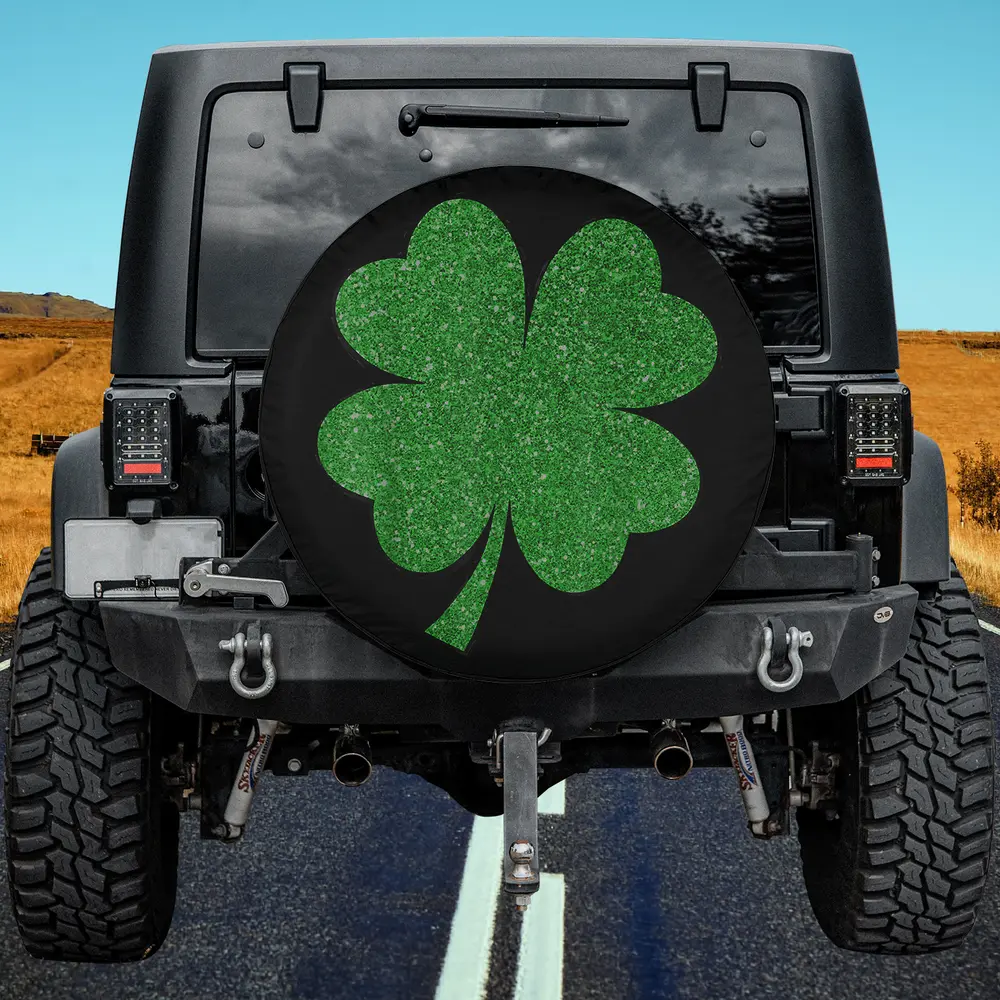 Glitter green shamrock on black background spare tire cover no camera hole