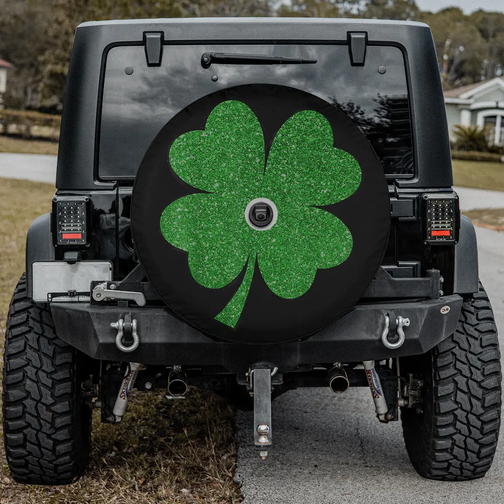 Glitter green shamrock on black background spare tire cover with camera hole