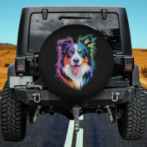 Glow in style black dog colorful flair spare tire cover with no camera hole for Jeep, SUV, RV