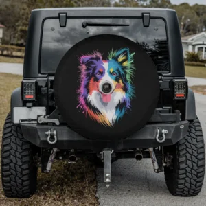 Glow in style black dog colorful flair spare tire cover with backup camera hole for Jeep, SUV, RV