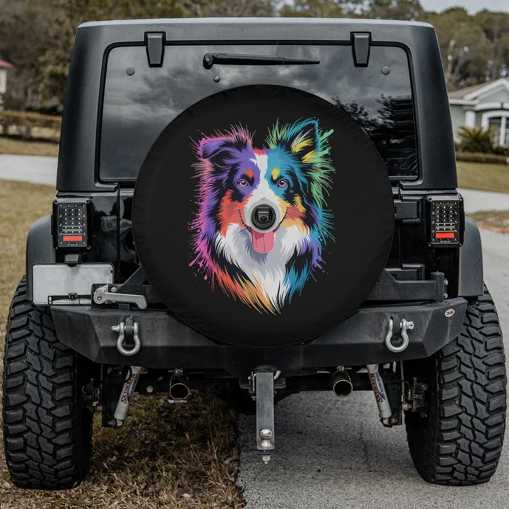 Glow in style black dog colorful flair spare tire cover with backup camera hole for Jeep, SUV, RV