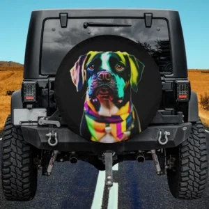 Glow in style black dog with colorful scarf spare tire cover on Jeep