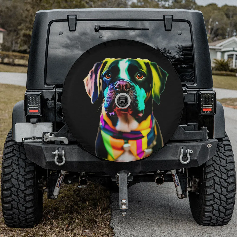 Glow in style black dog colorful scarf spare tire cover with camera hole