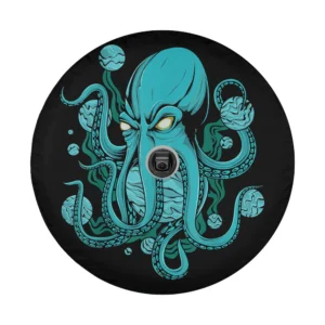 Aqua kraken octopus with glowing yellow eyes and swirling tentacles design