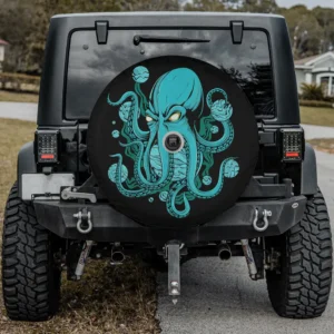 Glowing yellow eyes aqua kraken octopus spare tire cover with backup camera hole option