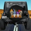 Gnome skeletons and jack-o-lanterns Halloween spare tire cover on Jeep, no camera hole