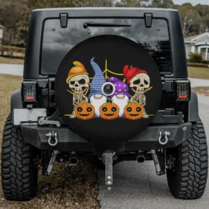 Gnome skeletons and jack-o-lanterns Halloween spare tire cover with backup camera hole