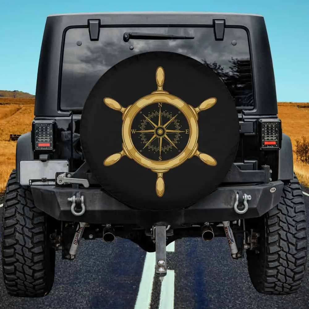 Gold anchor compass sailor wheel nautical spare tire cover with no camera hole for Jeep Wrangler