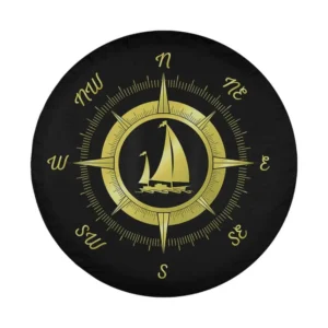Nautical gold compass rose and sailboat design for spare tire cover, utility trailer