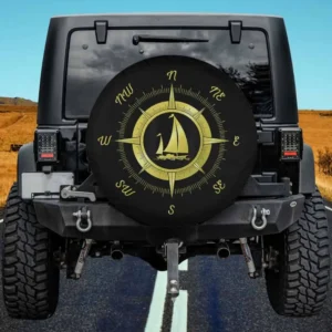 Gold compass rose and sailboat nautical spare tire cover for utility trailer, no camera hole