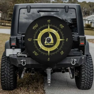 Gold compass rose sailboat nautical spare tire cover with backup camera hole for trailers