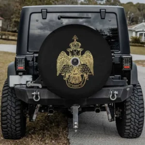 Gold double-headed eagle with crown Scottish Rite spare tire cover with camera hole